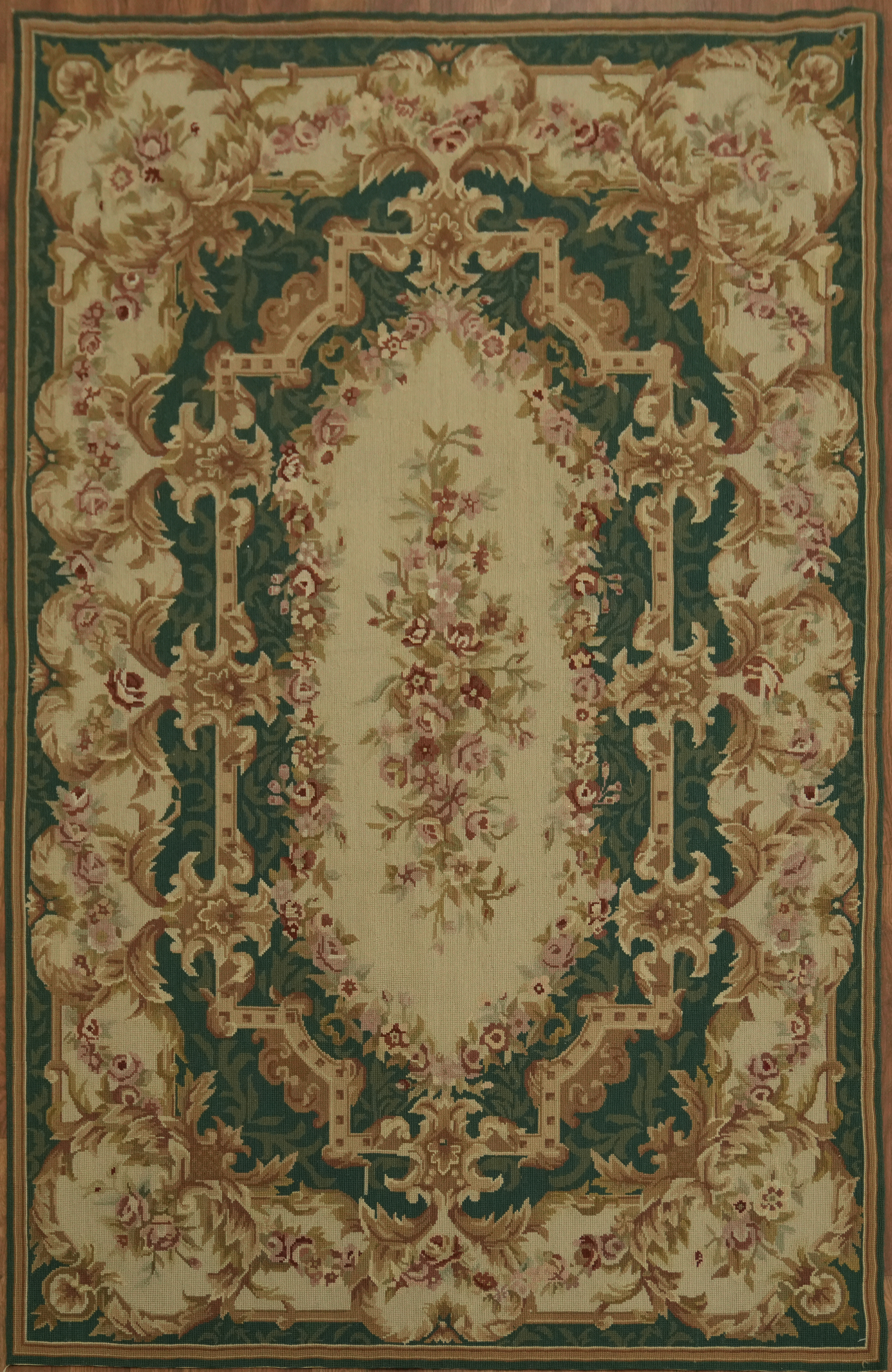 Green Floral Aubusson Tapestry Accent Rug 4×6 Needlepoint Chinese Carpet