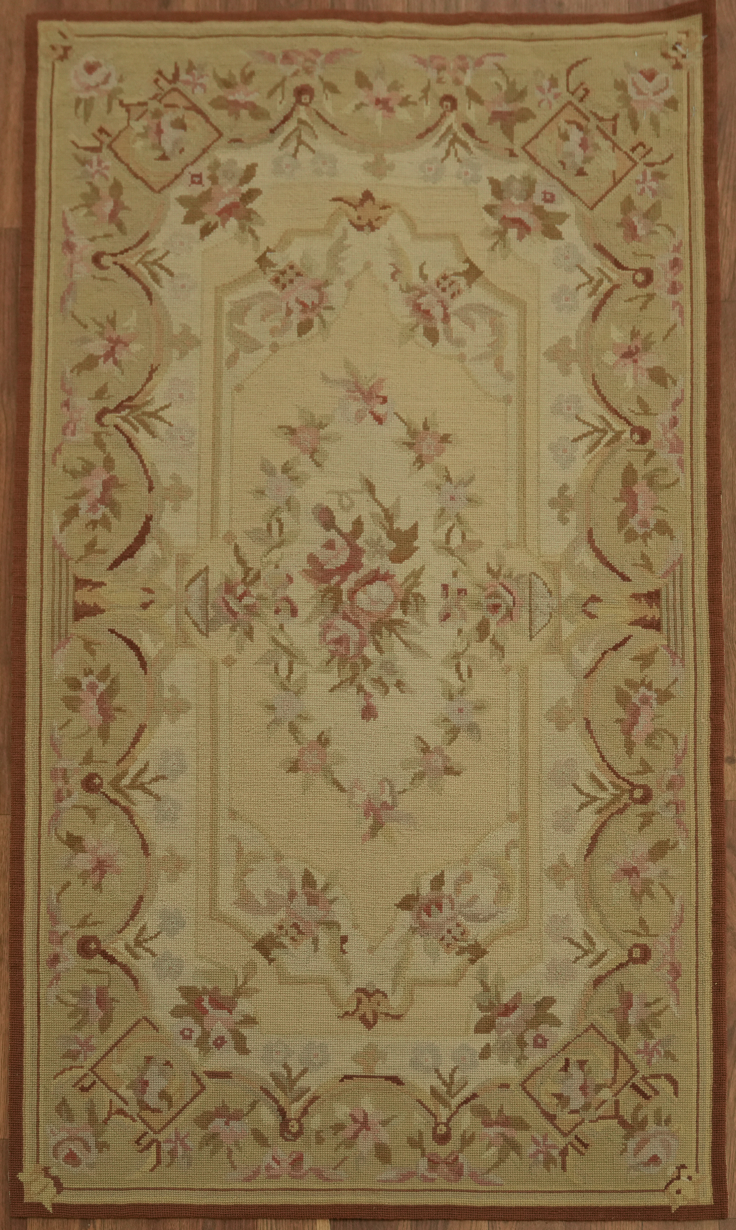 Aubusson Tapestries Chinese Rug 3×4 Needle-Point Beige Floral Accent Carpet