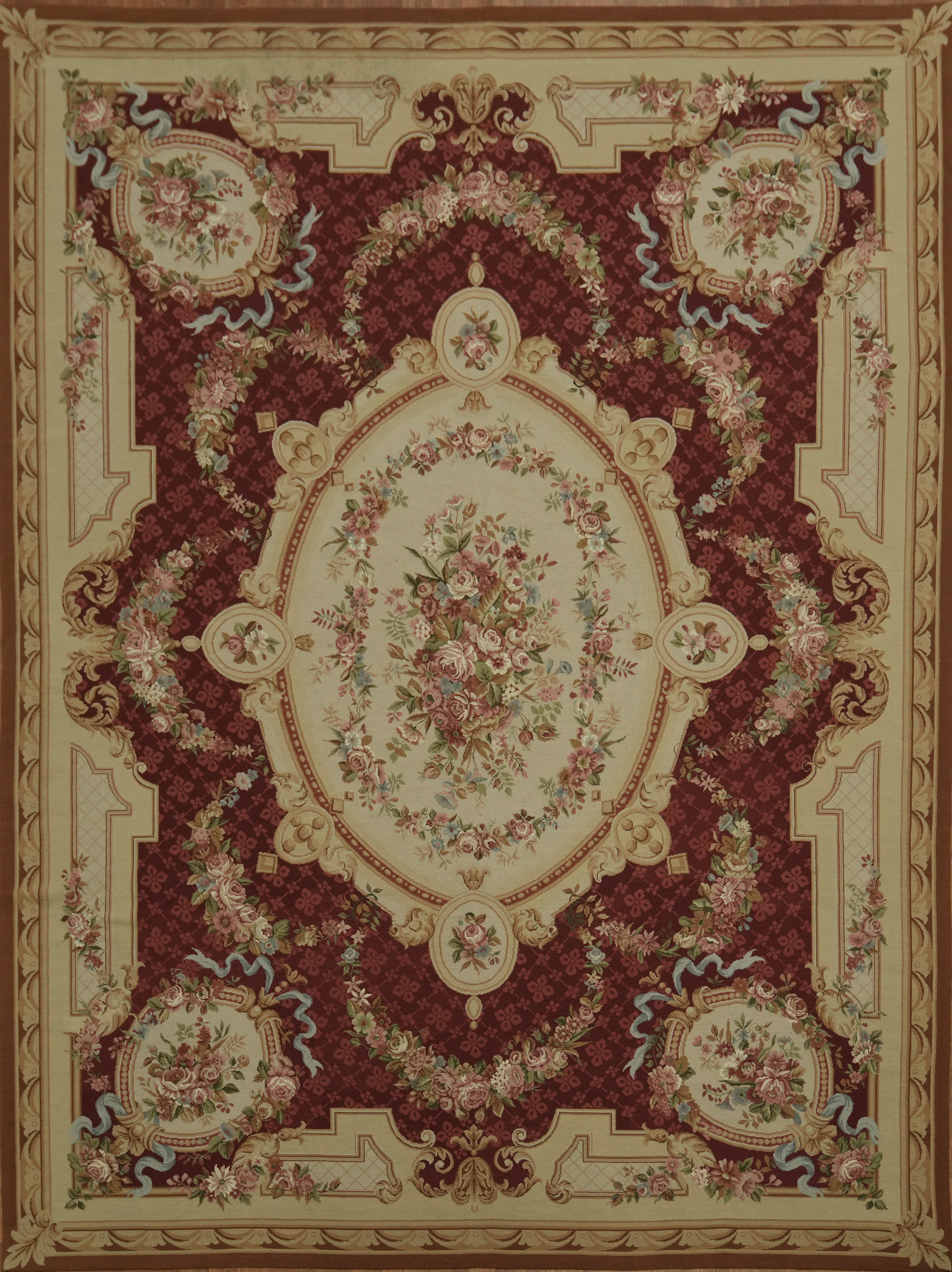 Burgundy Aubusson Tapestry Chinese Rug 9×12 Needlepoint Luxurious Floral Carpet