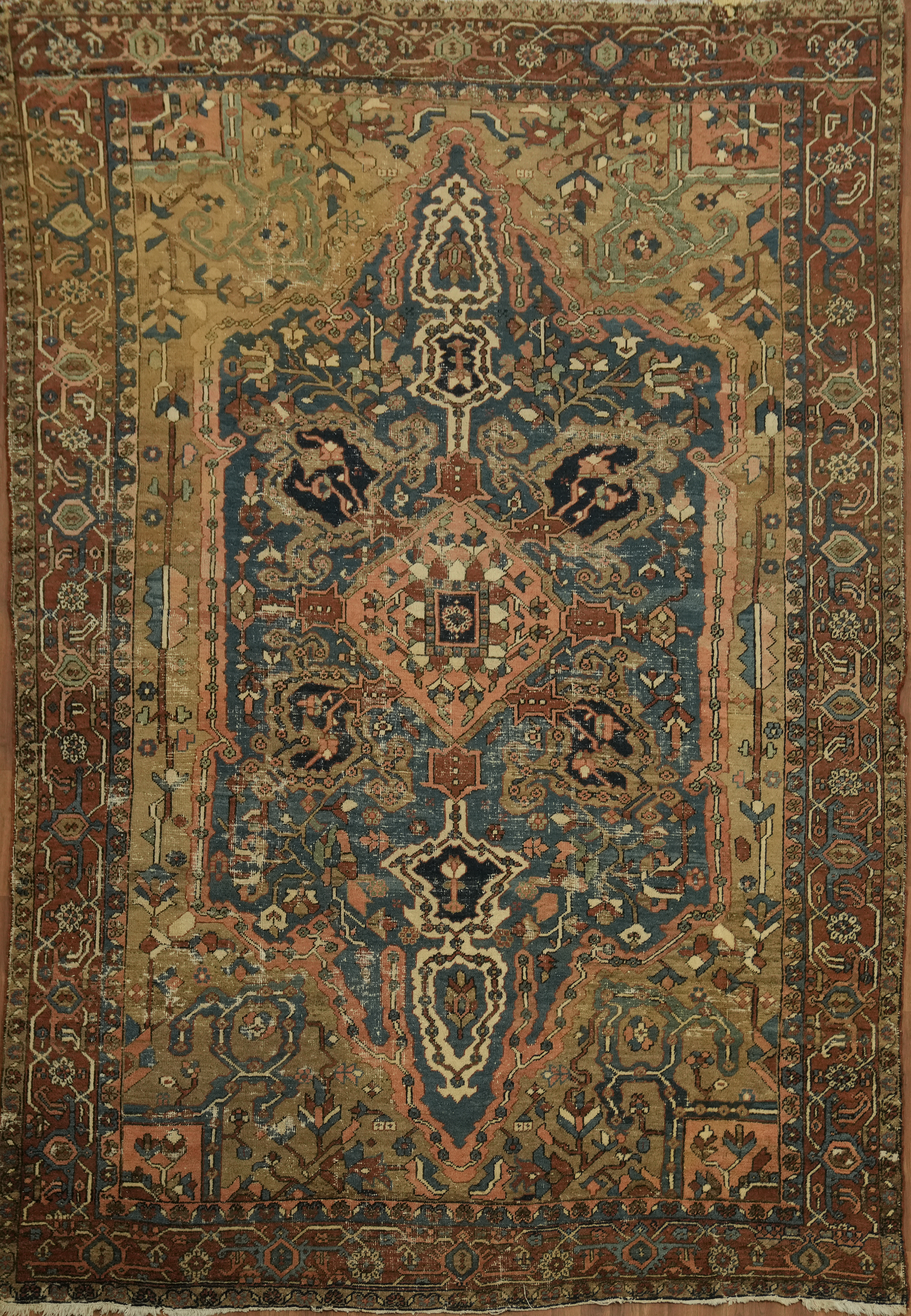 Pre-1900 Dining Room Antique Rug 9×12 Blue Wool Hand-knotted Classic Carpet