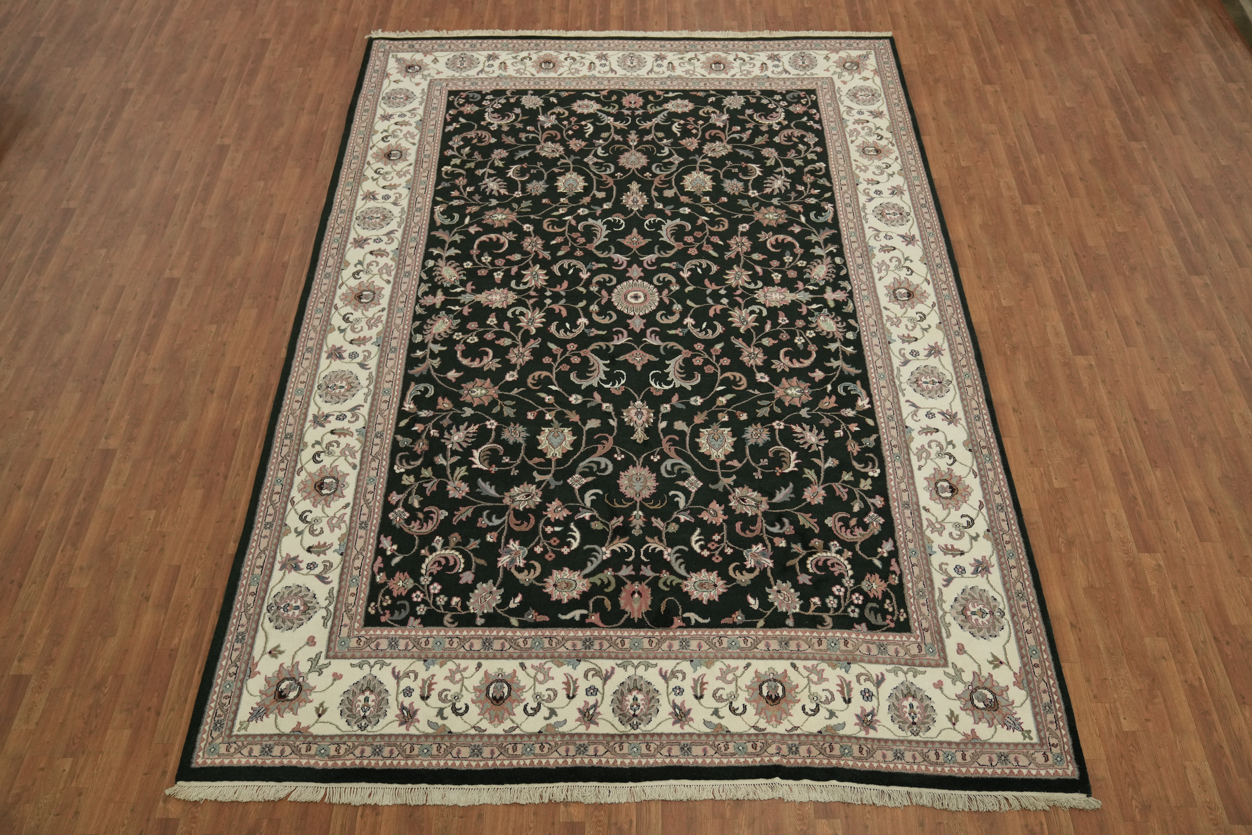Luxurious Black and Ivory Area Rug 10×14 Ft Handmade Traditional Wool Carpet
