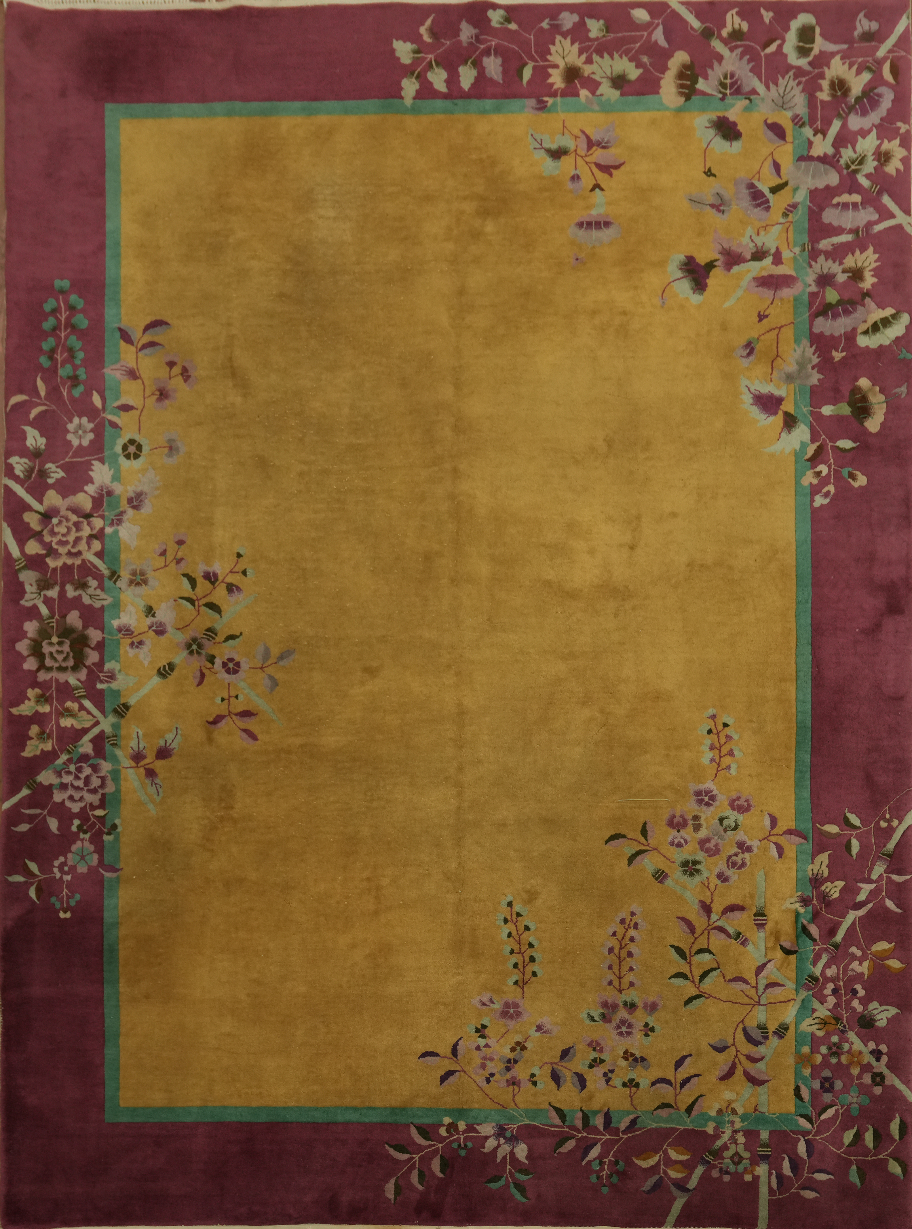 Decorative Art Deco Semi-Antique Rug Gold Wool Hand-made Chinese Carpet 9×12