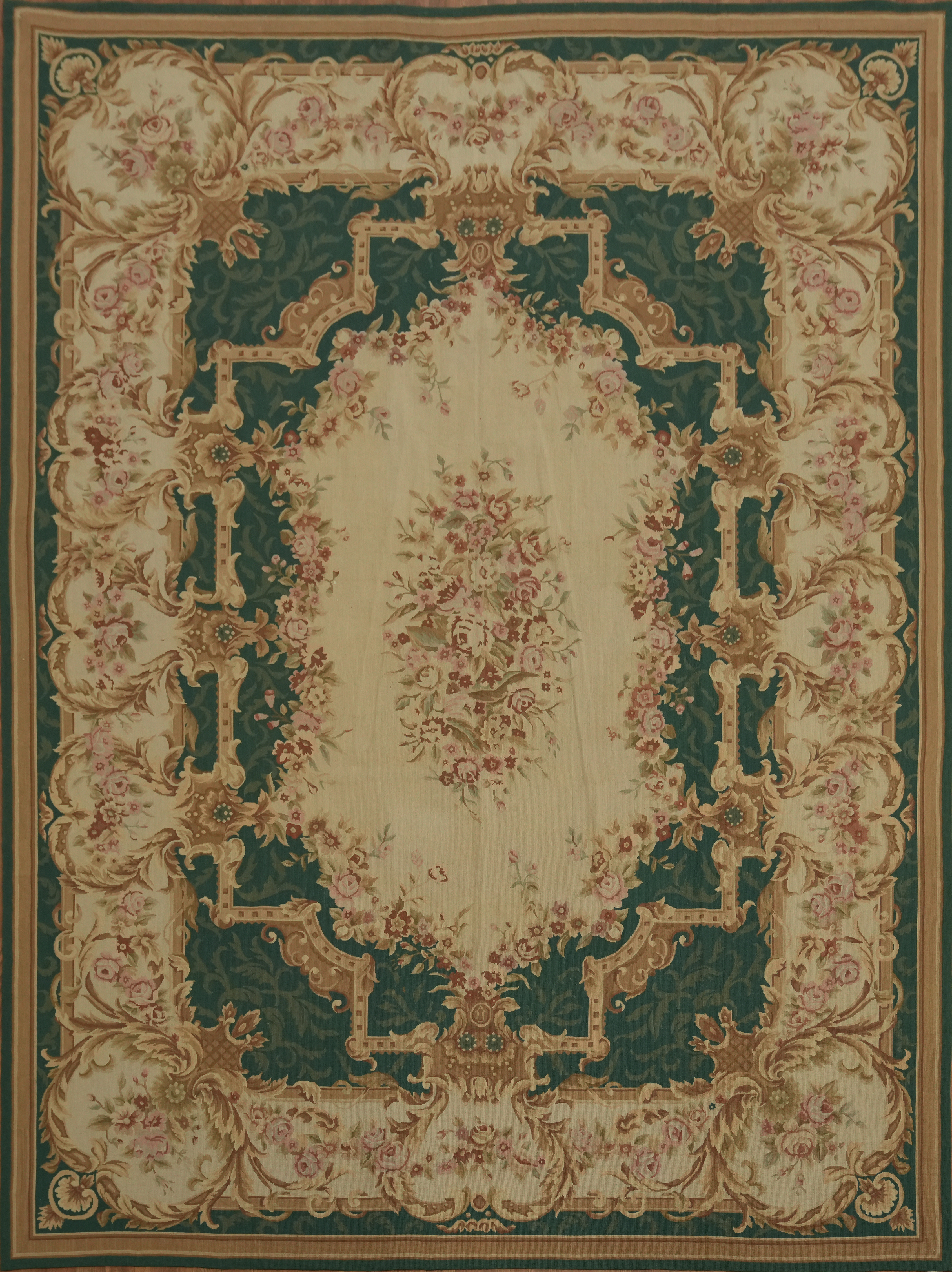 Sophisticated Ivory/ Green Area Rug 9×12 Needle-Point Aubusson Tapestries Carpet