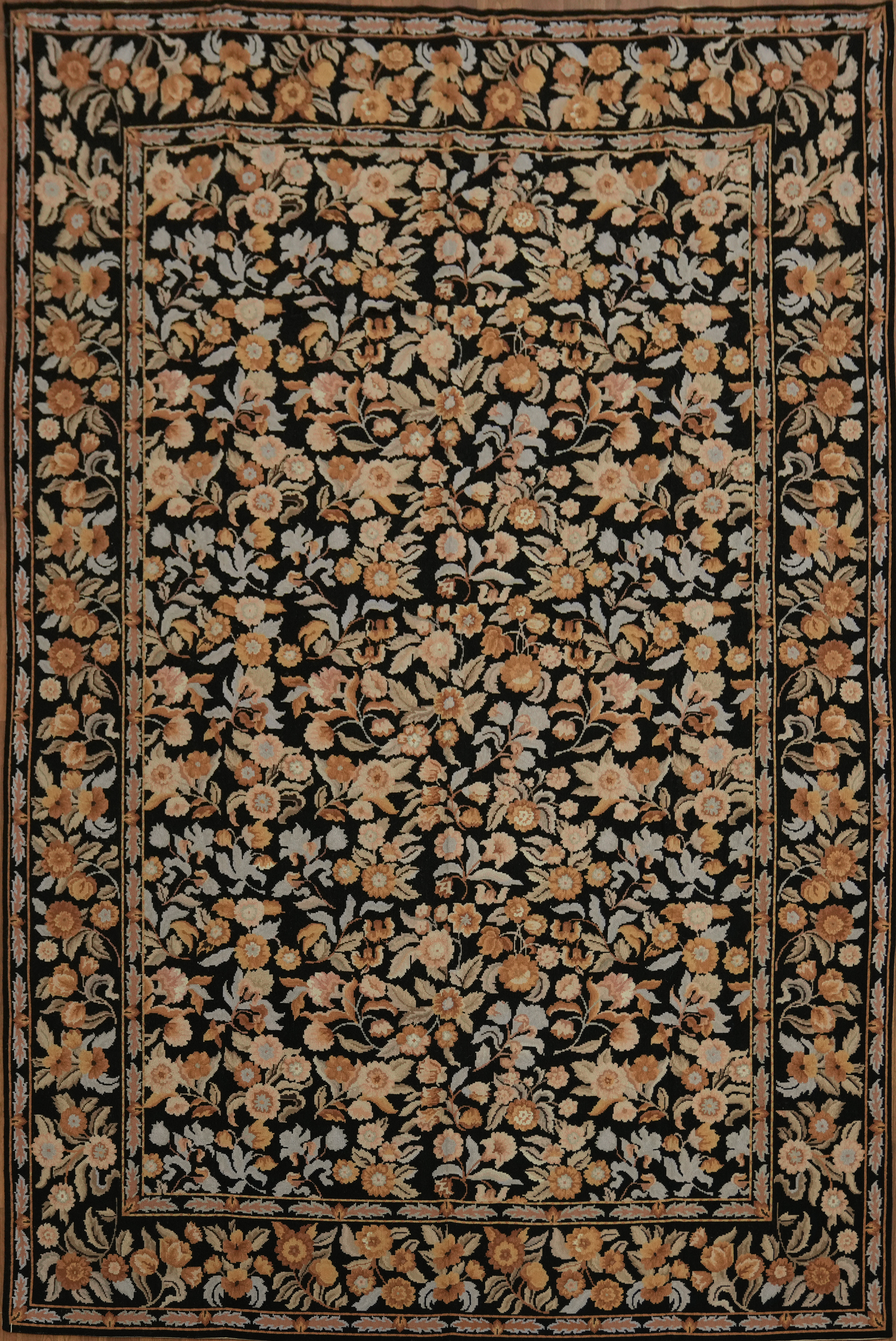 Black Aubusson Tapestry Needle-Point Rug Wool Handmade Living Room Carpet 6×9