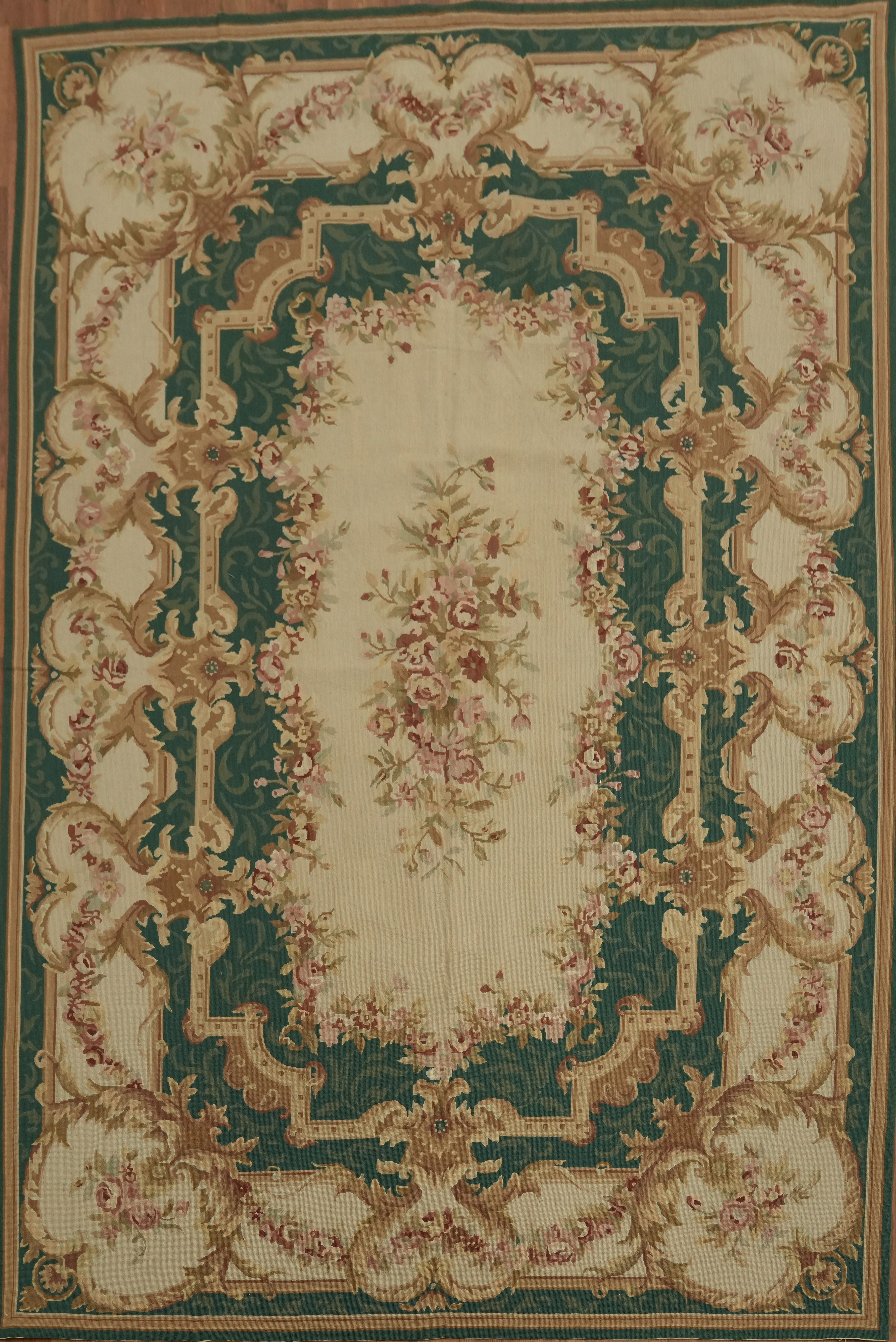 Green and Ivory French Style Tapestry Aubusson Needle-Point Handmade Rug 6×9