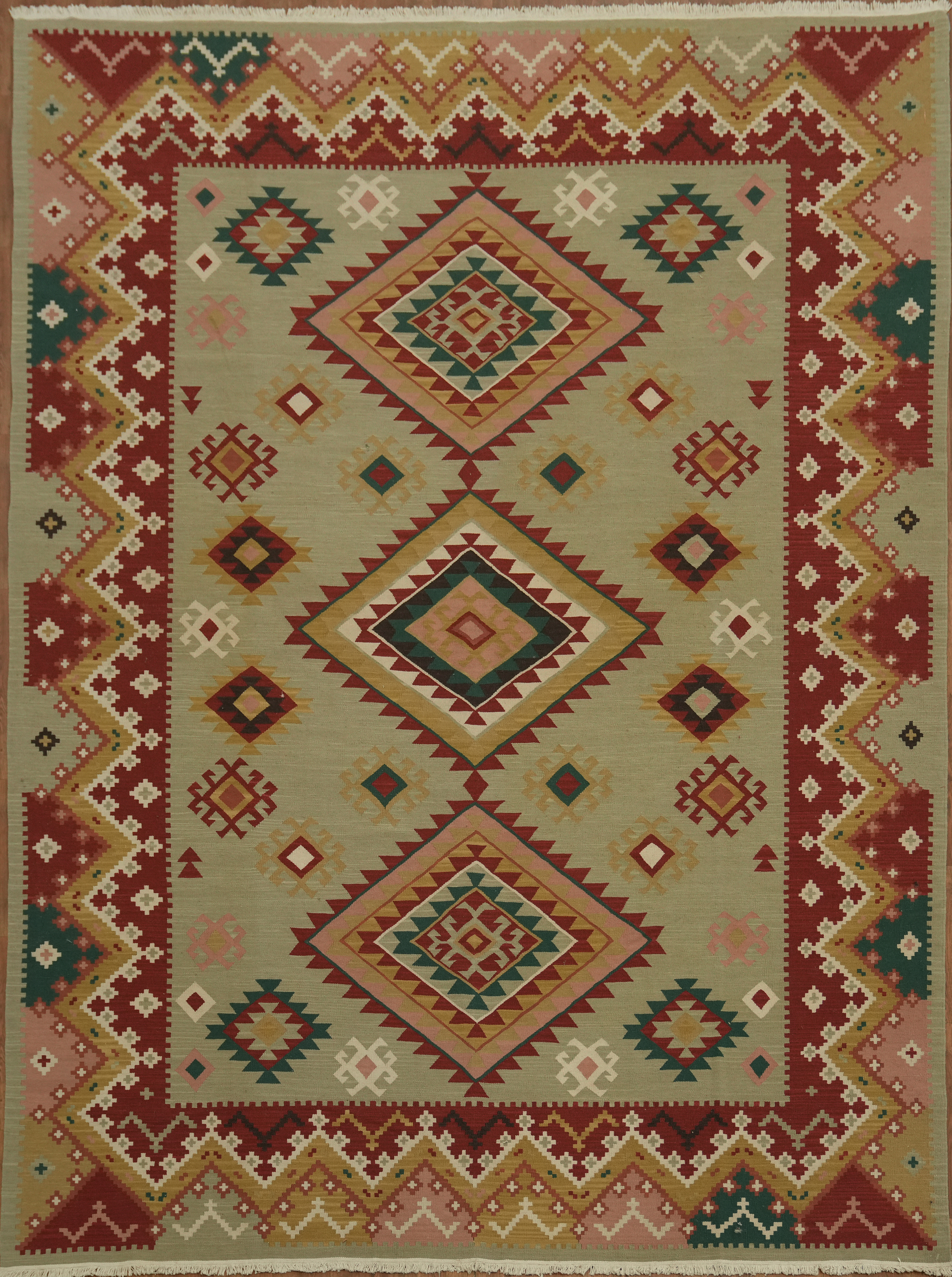 Vintage Green Kilim Area Rug Living Room Flat-weave Reversible Wool Carpet 9×12