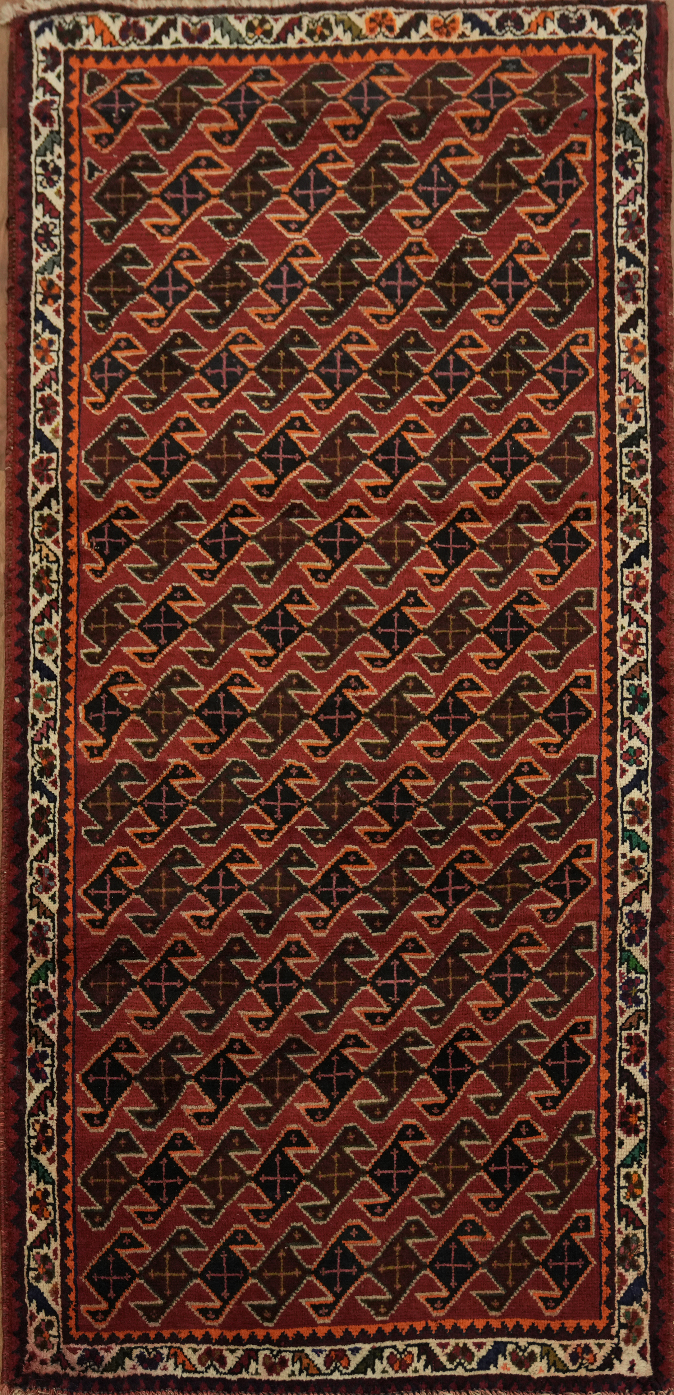 Vintage Tribal Geometric Foyer Rug 3×6 Red Wool Hand-knotted Nomadic Carpet