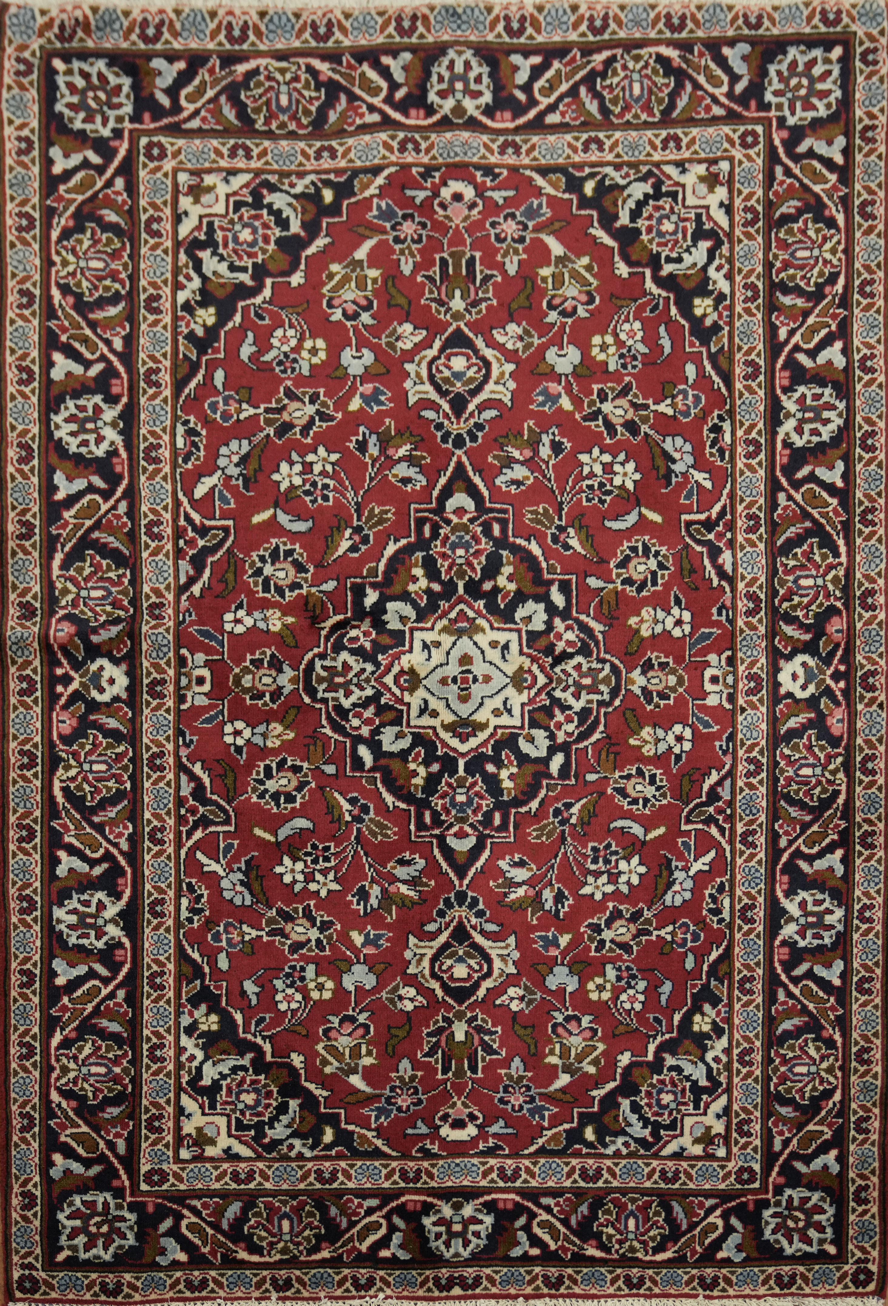 Elegant Floral Classic Foyer Rug 3×5 Red & Navy Blue Wool Handmade Vintage Rug