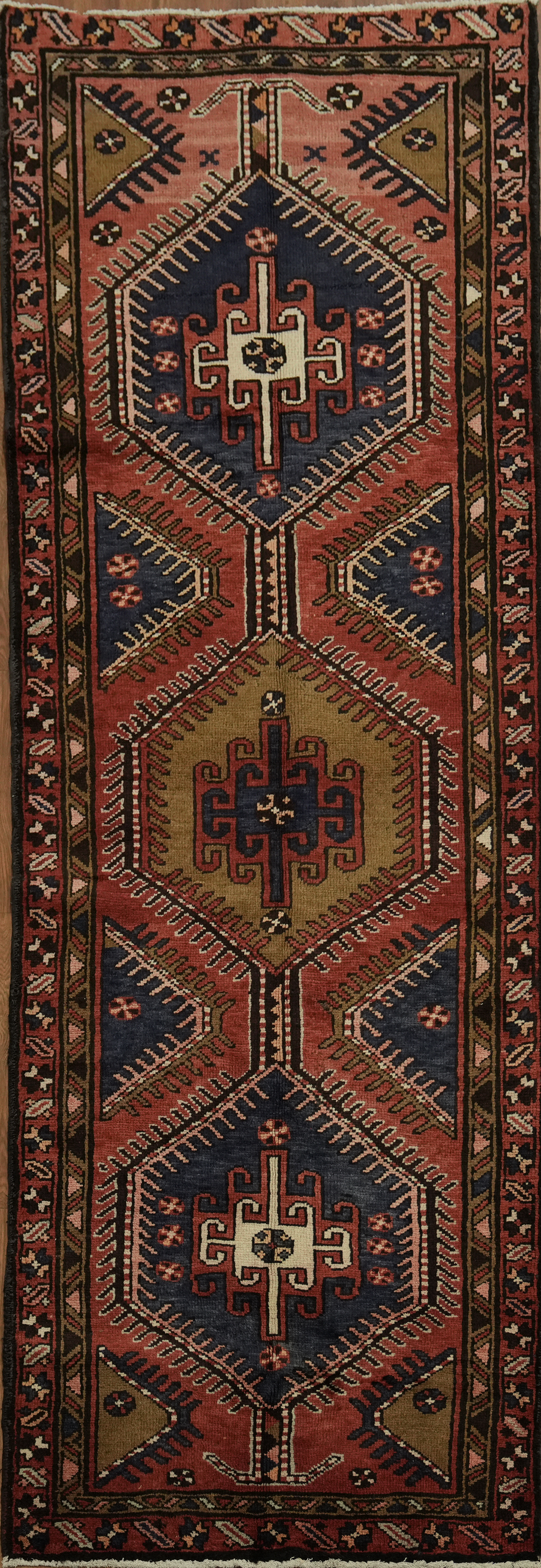 Vintage 9 ft Runner Rug 3×9 Red Wool Hand-made Geometric Hallway Tribal Carpet