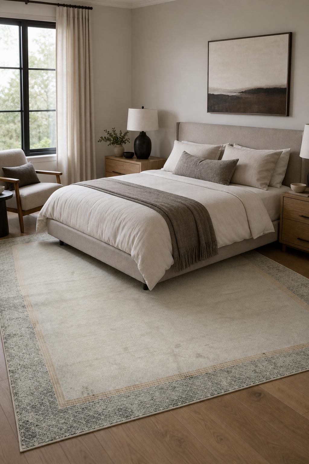Neutral Toned Modern Area Rug 5×8 Turkish Bordered Design Carpet for Any Room