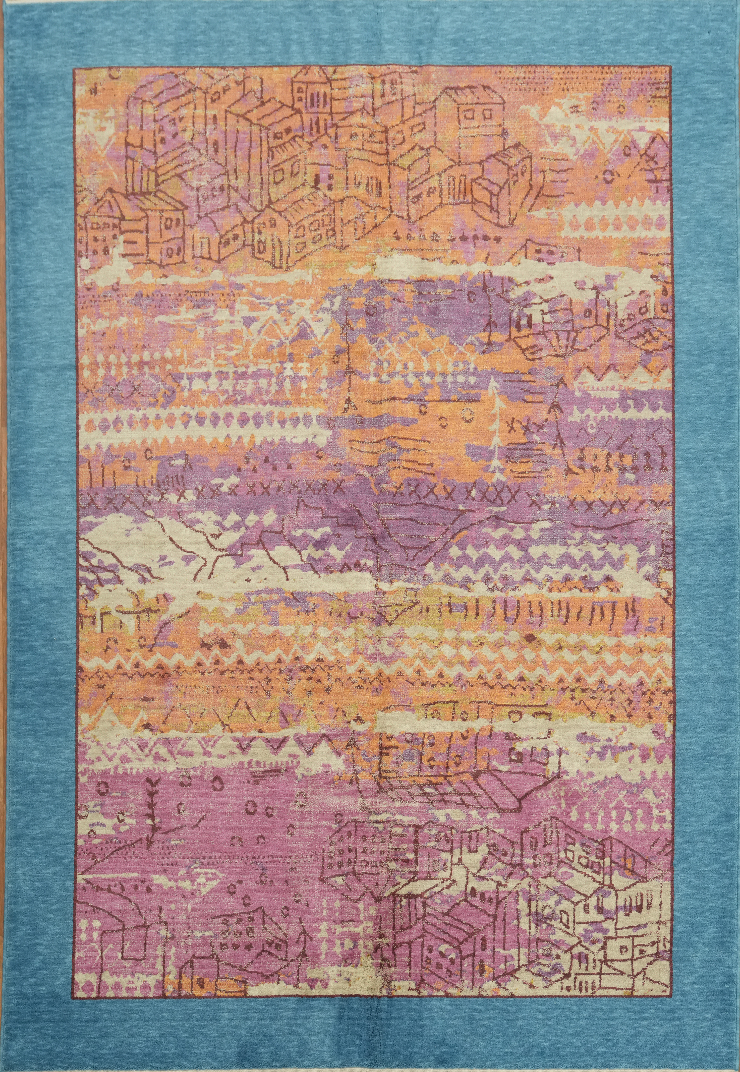 Vibrant Abstract Wool Rug 6×9 Ft Geometric Patterns and Blue Border Turkish Rug