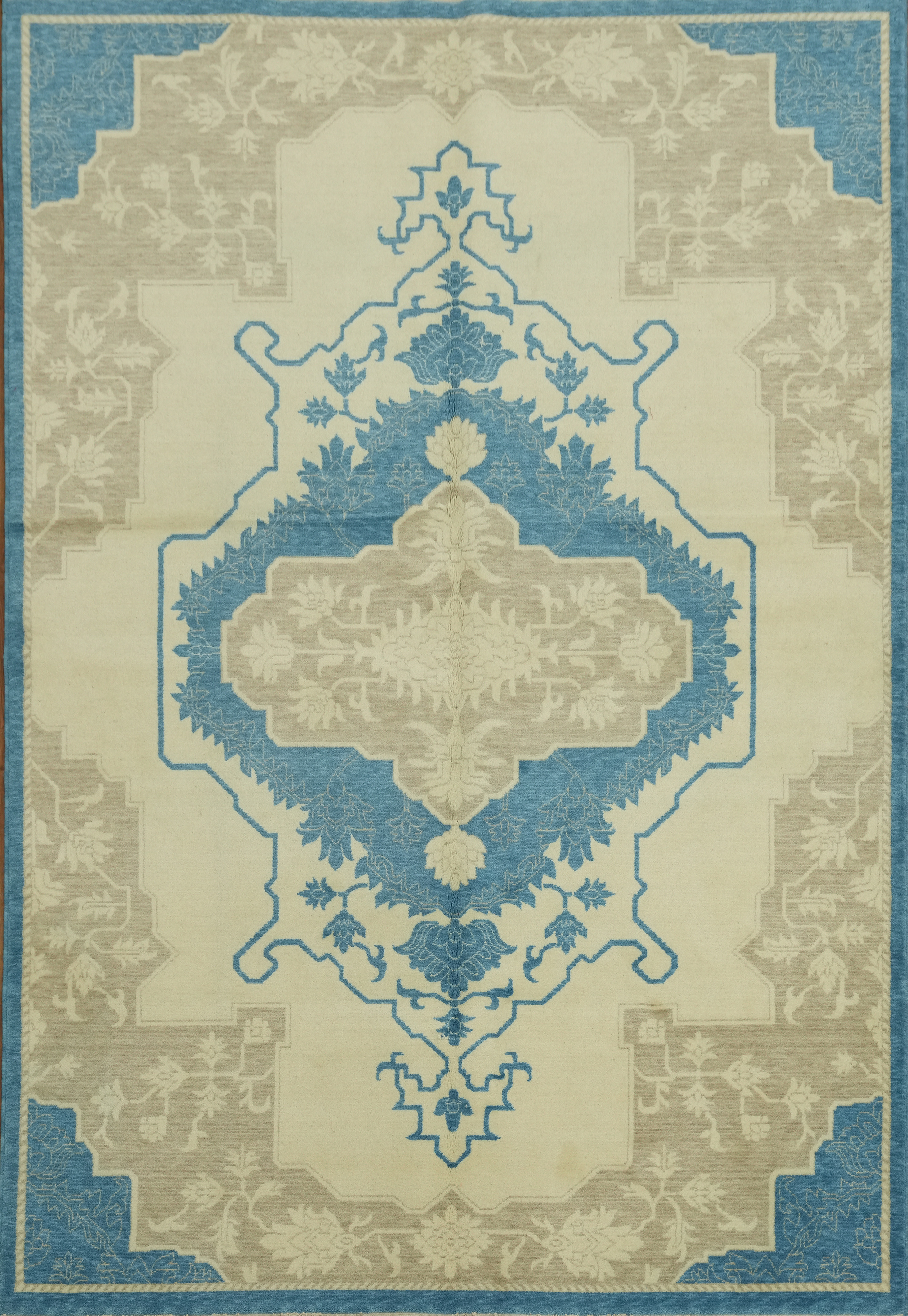 Elegant Beige and Blue Rug 6×9 Ft Handmade Oriental Wool Carpet Transitional Rug