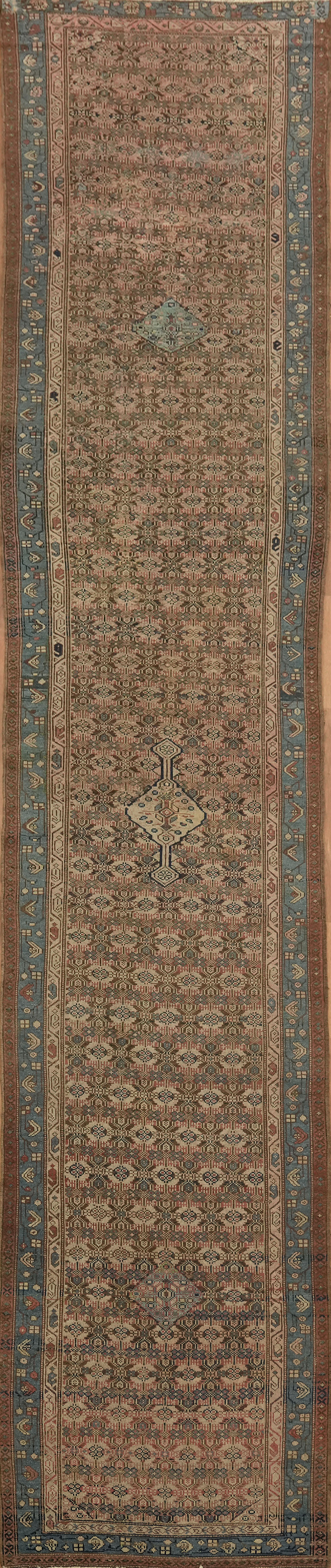 Antique Long Runner Rug 3×16 Hand-knotted Wool Vegetable Dye Geometric Carpet