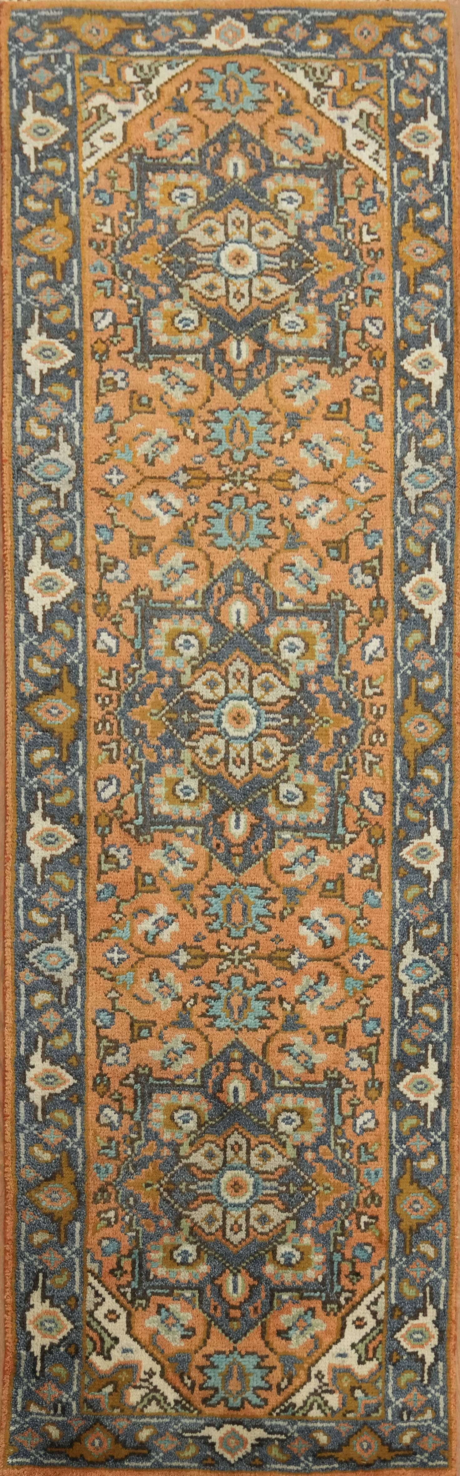 Hand-Knotted Runner Rug 8ft Terracotta Floral Geometric Traditional Wool Carpet