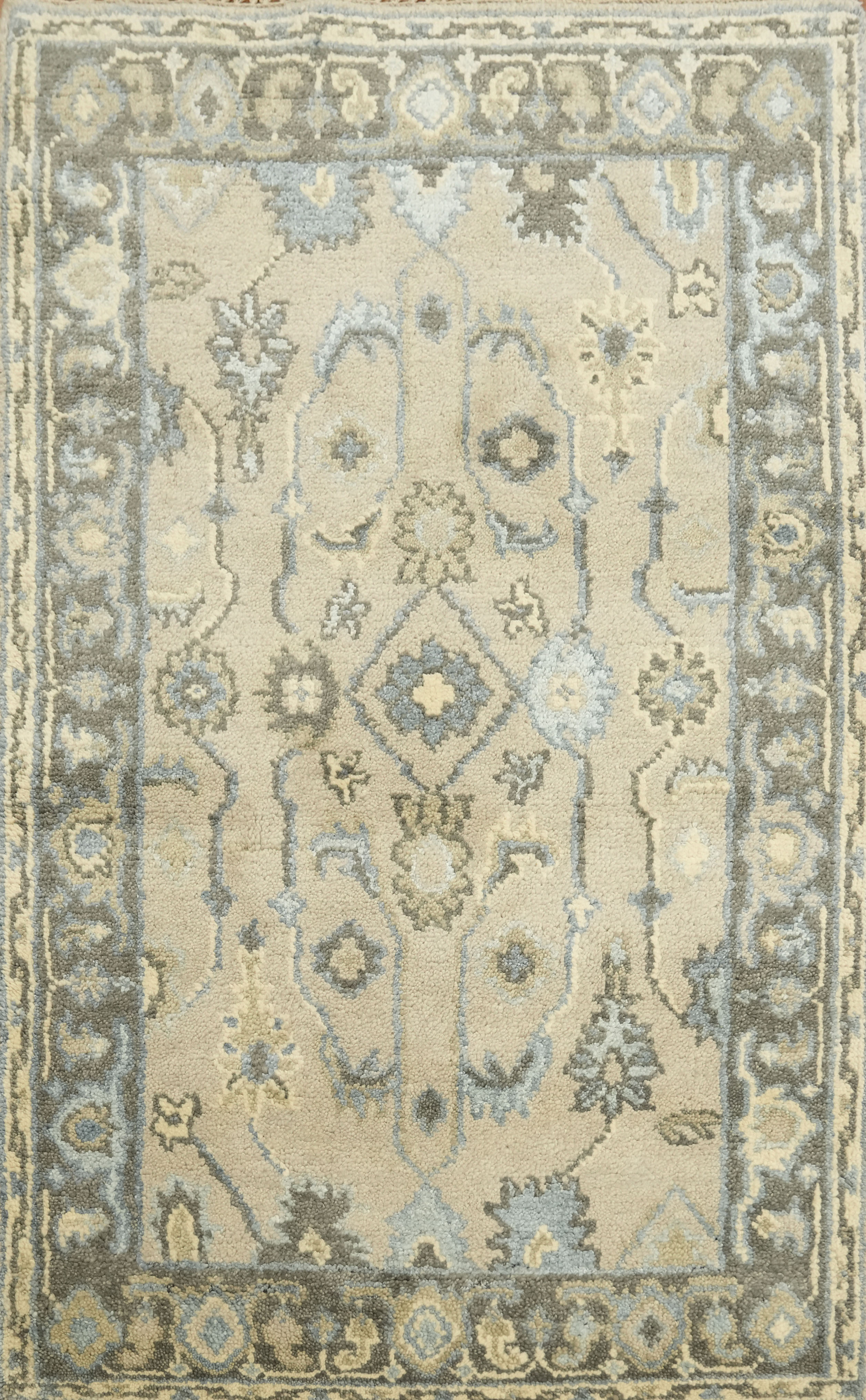 3×5 Oushak Rug Hand-Knotted Wool Floral Geometric Green Ivory Carpet