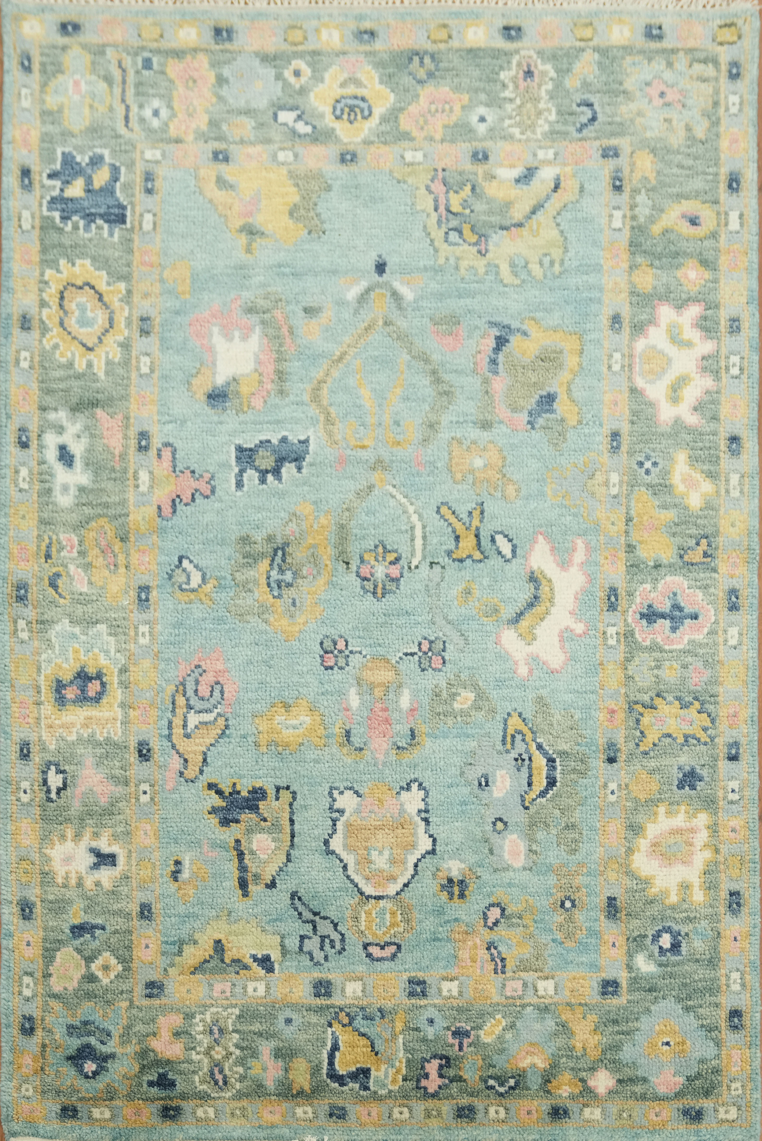 Beautiful 4×6 Aqua Oushak Wool Area Rug with Timeless Floral Pattern