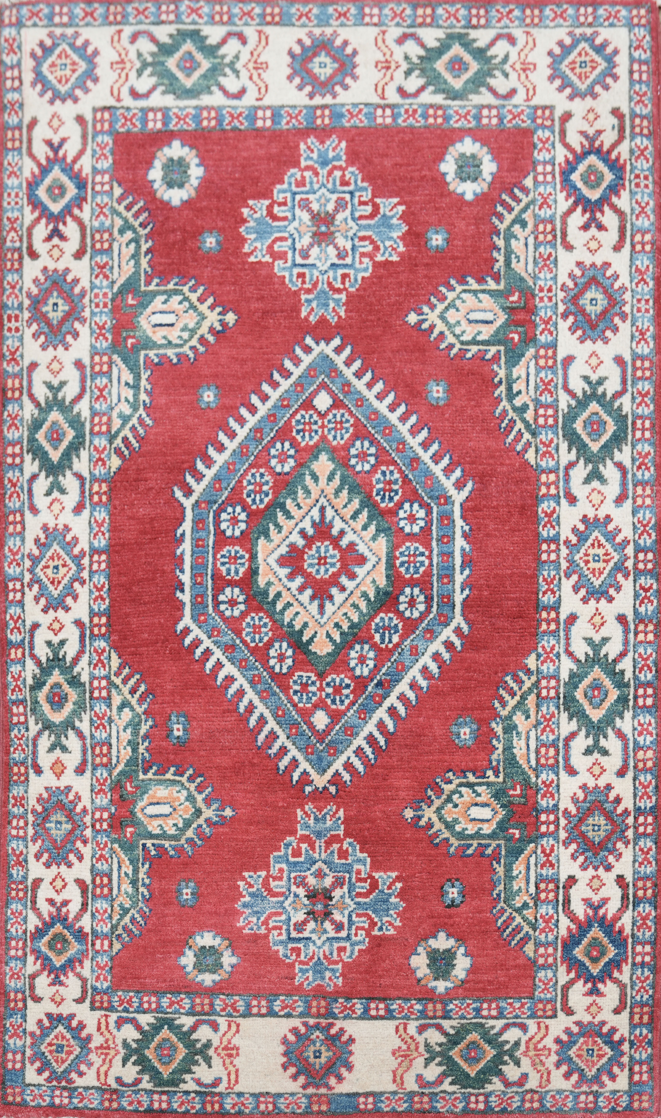 Red and Blue Kazak Foyer Rug 3×5 Ft Handmade Geometric Oriental Wool Accent Rug