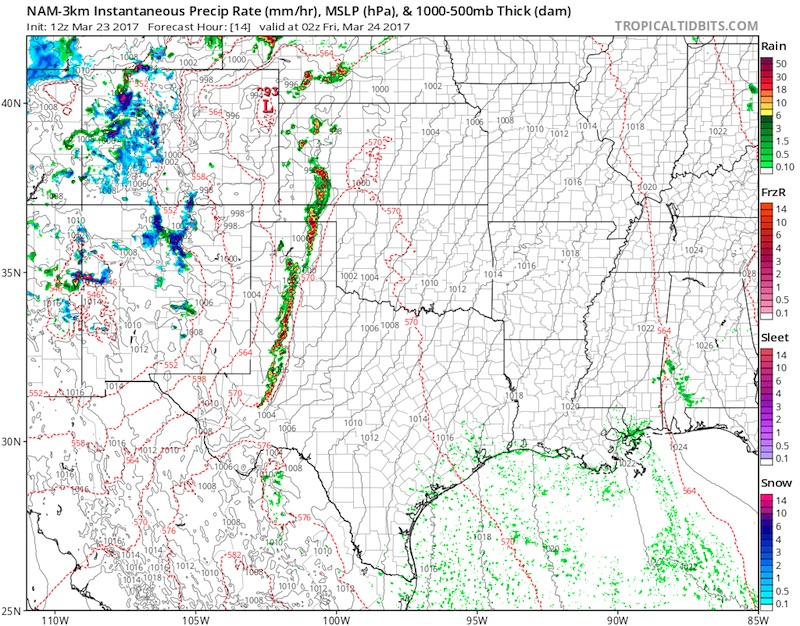 Thunderstorms depicted from the 12Z Thursday run of the 3-km NAM model for at 8:00 pm CDT Thursday, March 23, 2017