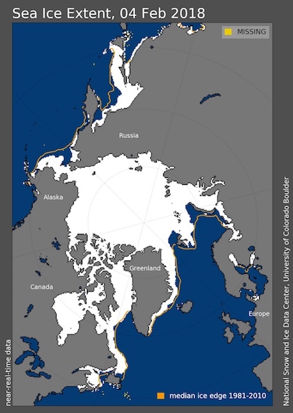 Arctic sea ice extent as reflected in near-real-time data for February 4, 2018