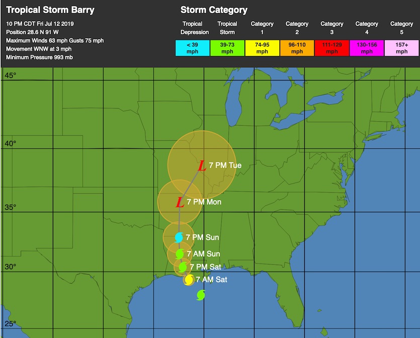 WU depiction of TS Barry forecast, 3Z 7/13/19 WU depiction of TS Barry forecast, 3Z 7/13/19
