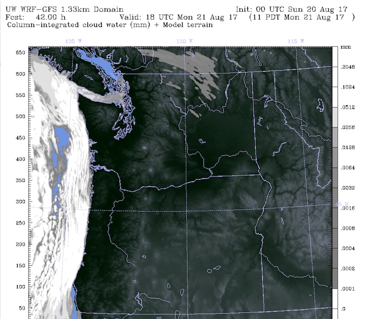 39-hour WRF-GFS forecast for cloud cover during solar eclipse in NW US, 8/21/2017