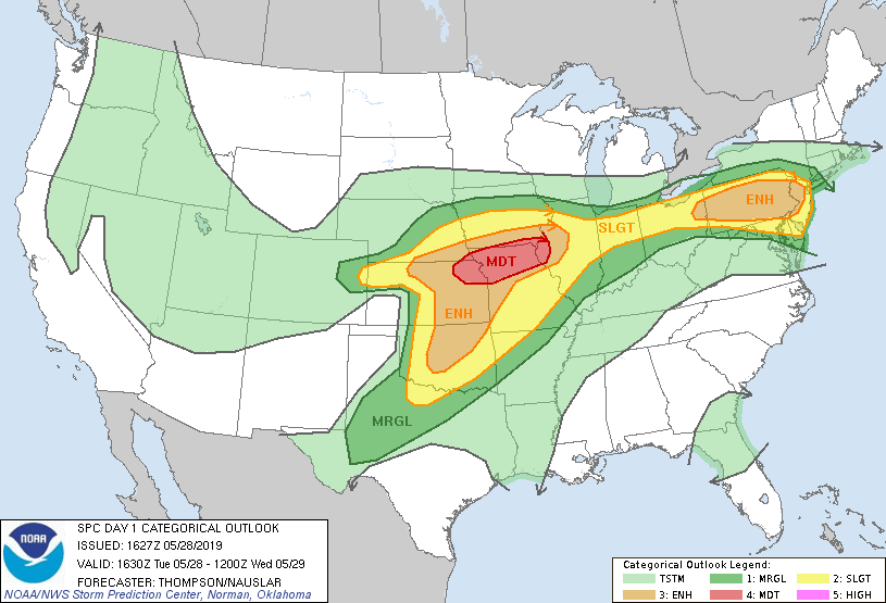 Day 1 outlook for severe weather for 5/28/19 issued 1630Z