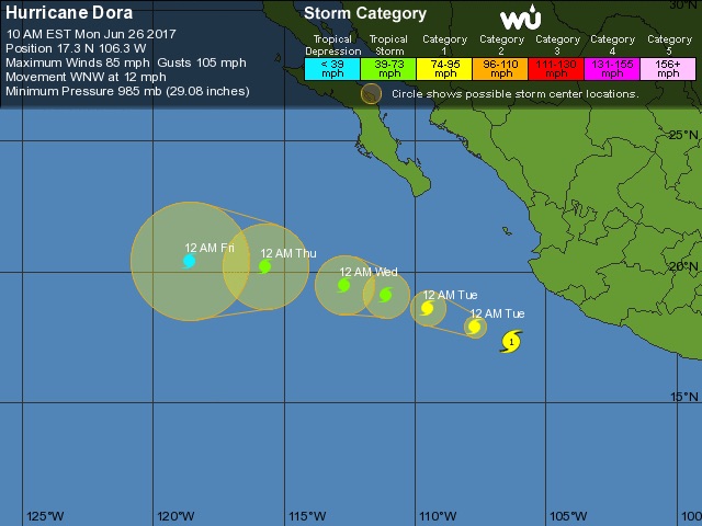 WU tracking map for Hurricane Dora, 15Z 6/26/17