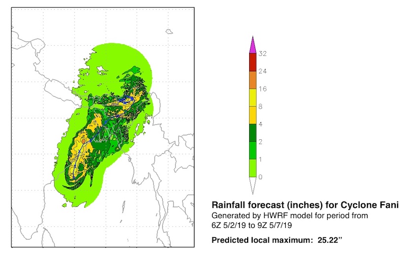 Rainfall amounts predicted by the HWRF model for the 123-hour period from 6Z (2 am EDT) Thursday, May 2, 2019, to 9Z (5 am EDT) Tuesday, May 7.