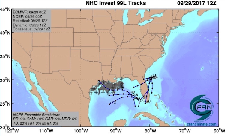 GFS ensemble forecasts for 99L, 0Z 9/29/2017