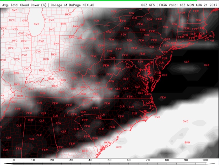 42-hour GFS forecast for cloud cover during solar eclipse in SE US, 8/21/2017