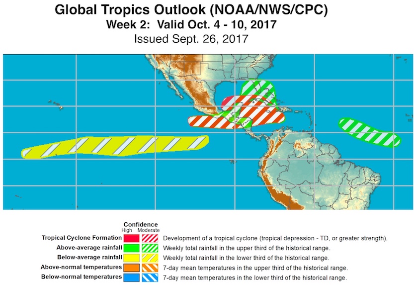 Outlook for the tropics of North America for the period Oct. 4 – 10, 2017, from the Global Tropics Hazards and Benefits Outlook issued by NOAA/NWS/CPC on Tuesday, Sept. 26