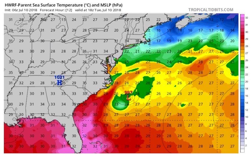 SSTs and MSLP for TS Chris at 06Z 7/10/2018