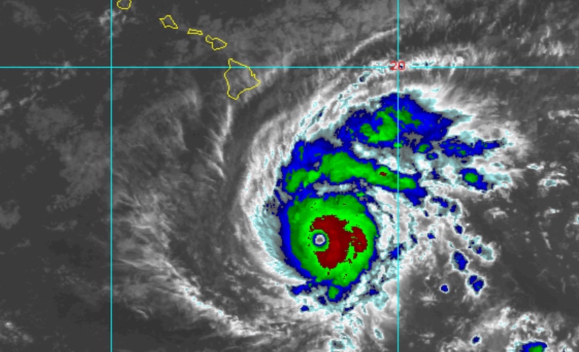 Infrared image of Hurricane Lane at 1800Z (8 am HST and 2 PM EDT) Tuesday, August 21, 2018