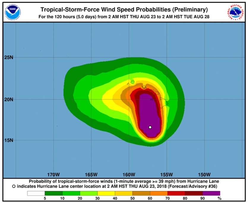 The probability of experiencing tropical-storm-force winds (sustained at 39 mph or more) in Hawaii between 8/23 and 8/28/18