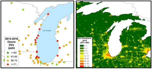 Ozone design values (DVs) for 2014-2016 (left, in parts per billion) and nitrogen oxide (NOx) emissions from the National Environment Inventory (right, in grams per square meter). Ozone design values (DVs) for 2014-2016 (left, in parts per billion) and nitrogen oxide (NOx) emissions from the National Environment Inventory (right, in grams per square meter).