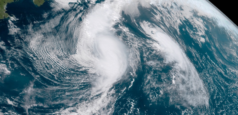Visible GOES-16 image of Tropical Storm Maria (center) and smaller Tropical Storm Lee (right) at 2 pm EDT Friday, September 29, 2017