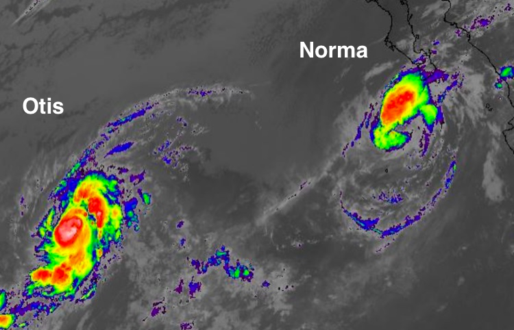 Infrared satellite image of Tropical Storm Otis (left) and TS Norma (right) at 11:45 am EDT Sunday, September 17, 2017.