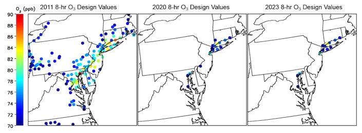 Observed surface ozone in 2011 and simulations of future air quality in 2020 and 2023. Observed surface ozone in 2011 and simulations of future air quality in 2020 and 2023.