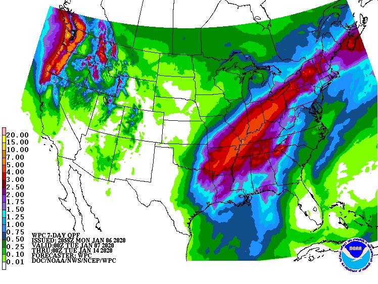 7-day rainfall forecast starting at 0Z 1/7/19