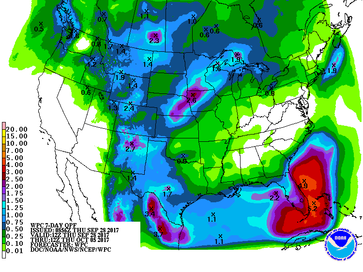 Predicted precipitation amounts for the 7-day period ending at 8 am EDT Thursday October 5, 2017.