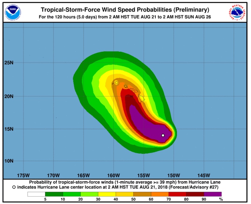  The probability of experiencing tropical-storm-force winds (sustained at 39 mph or more) at some point between Tuesday, August 21, 2018, and early Sunday, August 26, based on the current official forecast track.