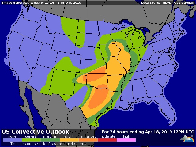 SPC severe weather risk area for Wednesday, April 17, 2019, as of midday Wednesday