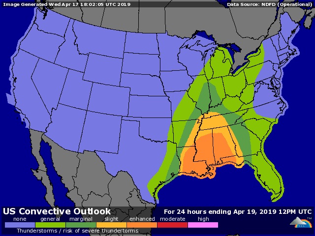 SPC severe weather risk area for Thursday, April 18, 2019, as of midday Wednesday