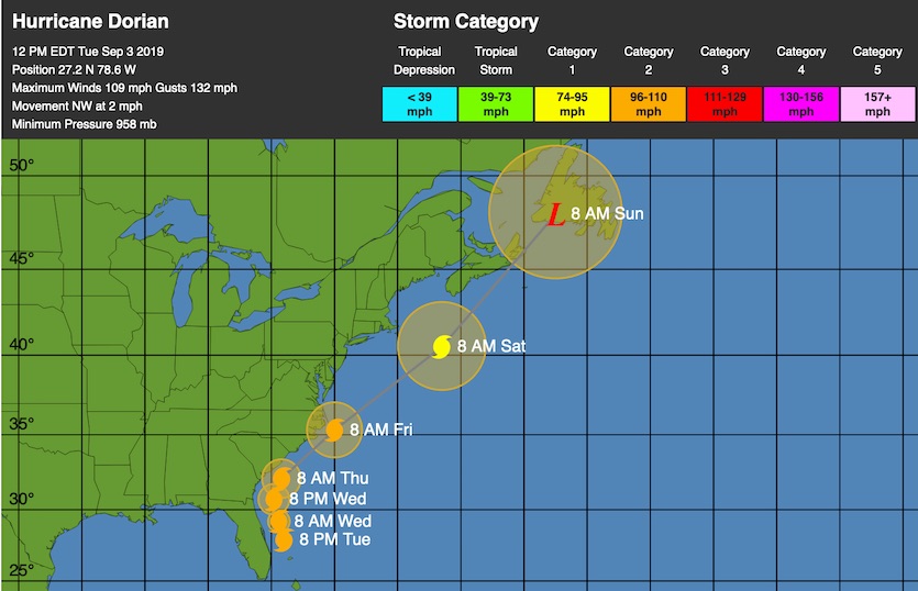 WU depiction of NHC forecast track for Dorian, 15Z 9/3/19