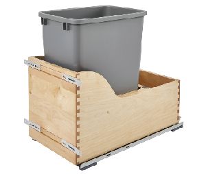 Rev-A-Shelf RS4WCSD-1535DM-1  Bottom Mount Trash Pull-Out with Blum Soft-Close & Servo Drive, Single Plastic Bin, 35 QT - Silver Color