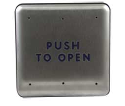BEA 10PBS 4 3/4" Square Stainless Push Plate, Blue "Push To Open" Text