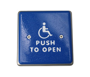 BEA 10PBS451B 4 1/2" Square Blue Stainless Push Plate, White Handicap Logo & White "Push To Open" Text