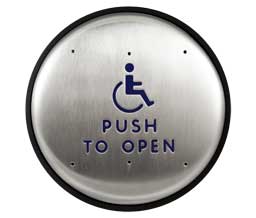 BEA 10PBR1 6" Round Stainless Push Plate, Blue Handicap Logo & Blue "Push To Open" Text