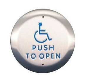 BEA 10PBR451 4 1/2" Round Stainless Push Plate, Blue Handicap Logo & Blue "Push to Open" Text