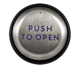 BEA 10PBR45 4 1/2" Round Stainless Push Plate, Blue "Push to Open" Text